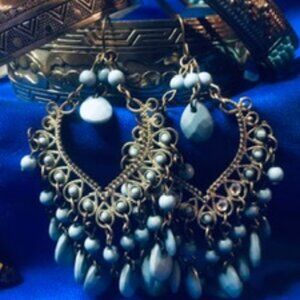 Vintage Silver Boho Chandelier Earrings Faux Turquoise